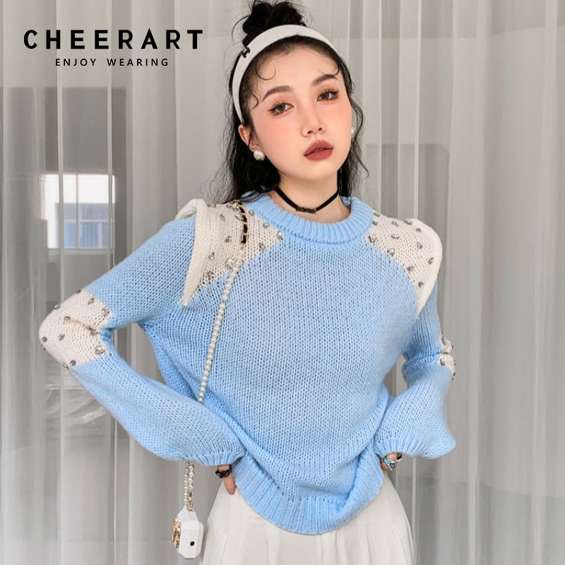 치어라 구슬 디자이너 블루 니트 스웨터 풀오버 패치 워크 한국어 패션 Crewneck 스웨터 가을 패션 가을 2021